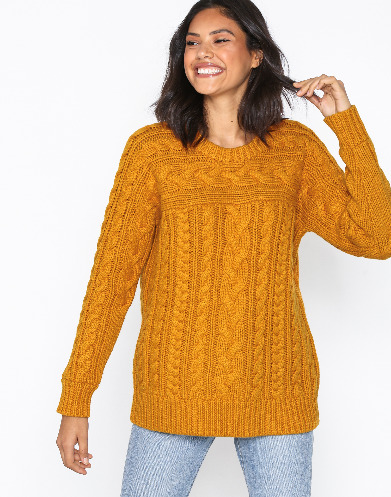 senapsgul stickad tröja varm